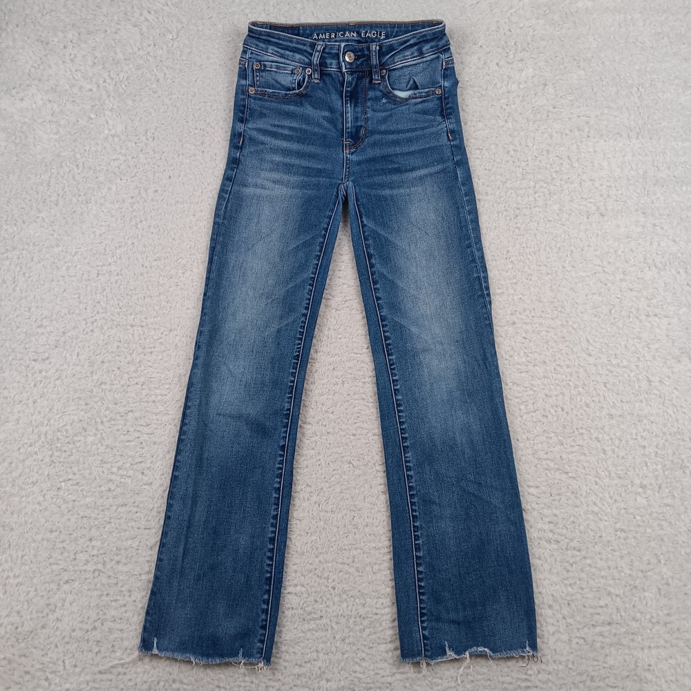 American Eagle Jean Slim Straight Women 00 Blue Raw Hem Ne(x)t Level Stretch